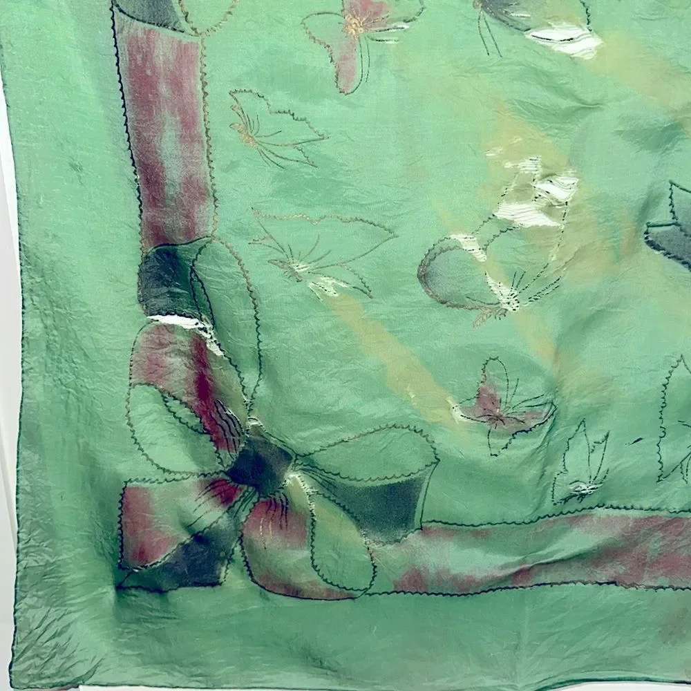 Vtg Brico  5 1/2 Momme green silk artsilk scarf painted‎ with butterflies- AS IS